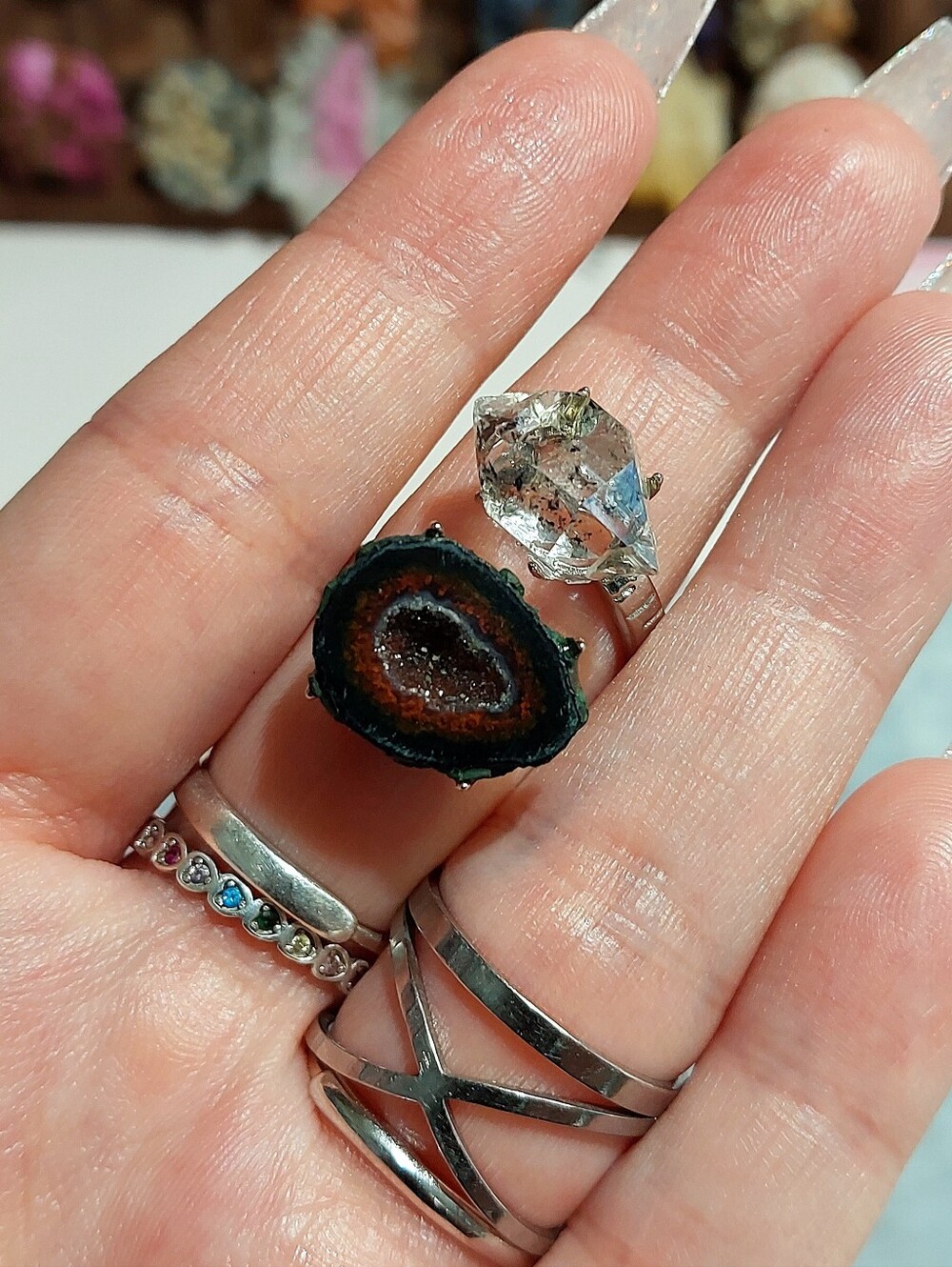 ⚒️ Natural Herkimer DT & Mexican Tobasco Geode Copper Specimen Ring